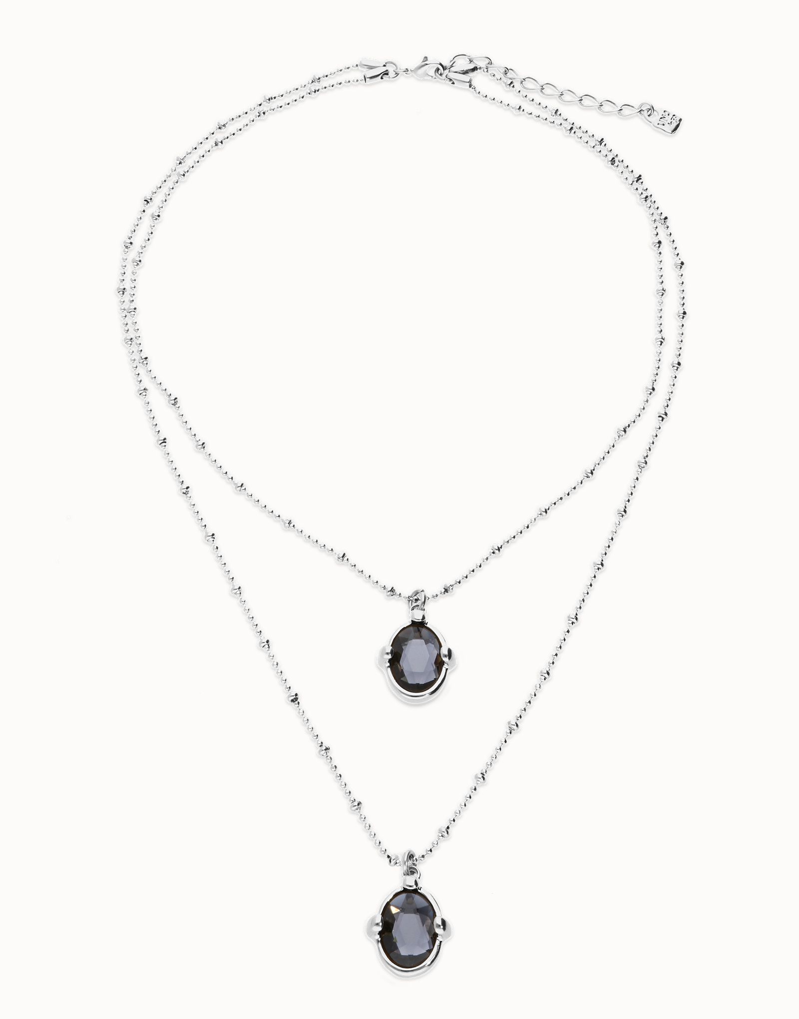 Collar doble bañado en plata con dos cristales facetados ovalados negros, Plateado, large thumbnail